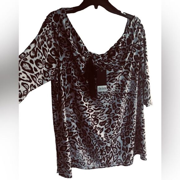 NWT SLIM FACTOR By INVESTMENTS. Leopard Designed. Black Bow 3/4 Sleeves Stretchy - Picture 1 of 5